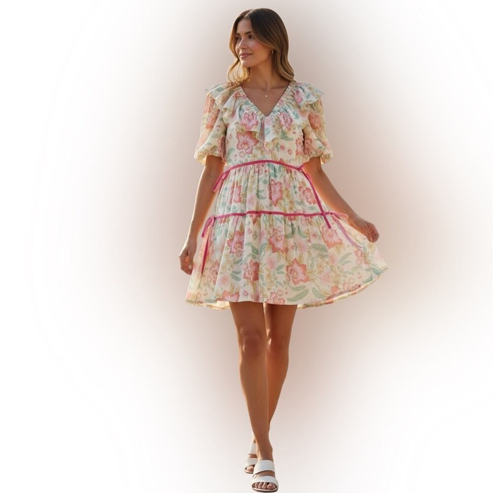 TCEC Sweet Peony Dress Floral Cream Ruffle Boho Dress Velvet Tie Size XS